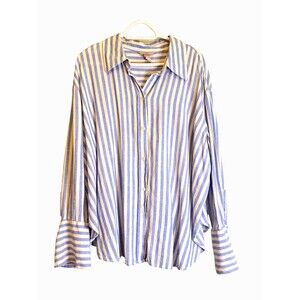 H&M Stripped Button-Up Shirt Blue White Linen Blend Bell Cuff Blouse XXL